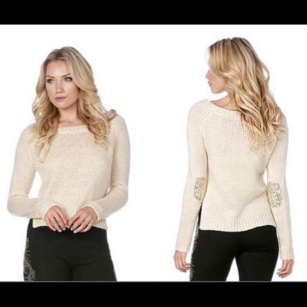 Miss Me Cream Gold Sequin Elbow Patch Sweater